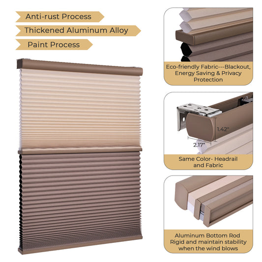 HDJDRAPI Cordless Dual Fabric Honeycomb Shades, Blackout & Light Filtering Window Blinds