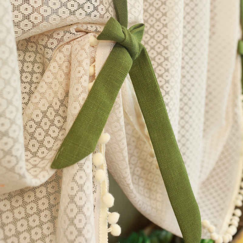 HDJDRAPI Pull-Up Lace Curtain, No-Drill Nordic Short Curtain, Tie-On Floral Design