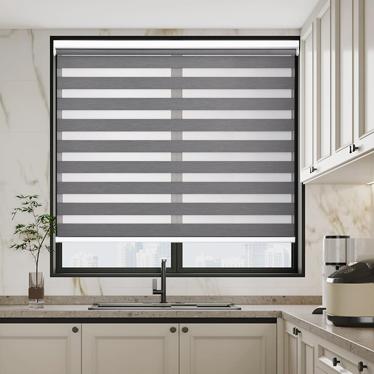 HDJDRAPI No-Drill Custom Zebra Blinds – Cordless, Dual-Layer, 80% Blackout Roller Shades