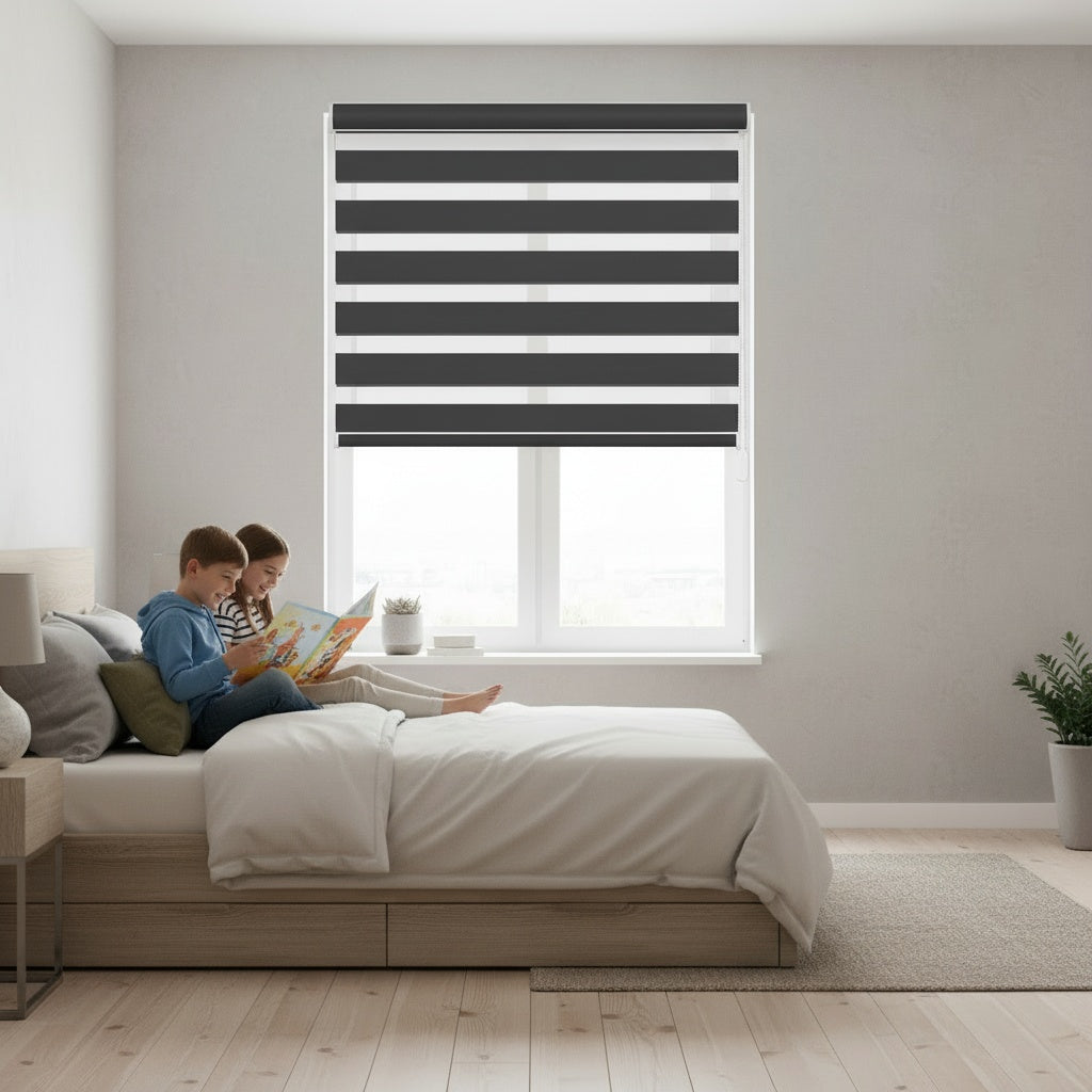 HDJDRAPI No-Drill Custom Zebra Blinds – Cordless, Dual-Layer, 80% Blackout Roller Shades