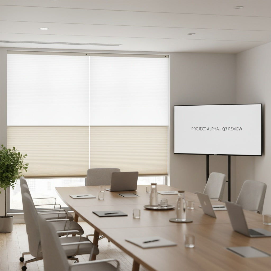 HDJDRAPI  Smart Electric Remote Honeycomb Blinds Double-Fabric Cordless Easy No-Drill Mount