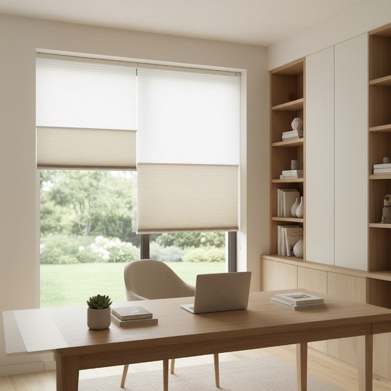 HDJDRAPI  Smart Electric Remote Honeycomb Blinds Double-Fabric Cordless Easy No-Drill Mount