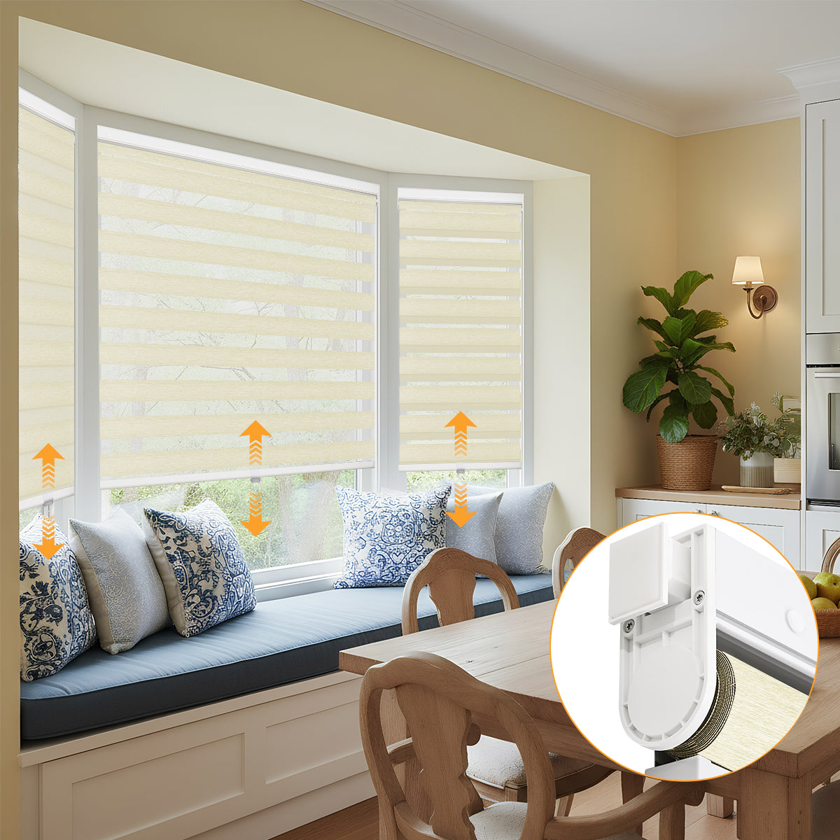 HDJDRAPI  3-Step Installation No Drill Zebra Blinds Cordless & Push-Pull for Soft Translucent Light Easy DIY Window Shades
