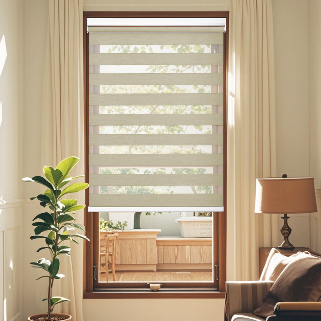 HDJDRAPI No-Drill Custom Zebra Blinds – Cordless, Dual-Layer, 80% Blackout Roller Shades