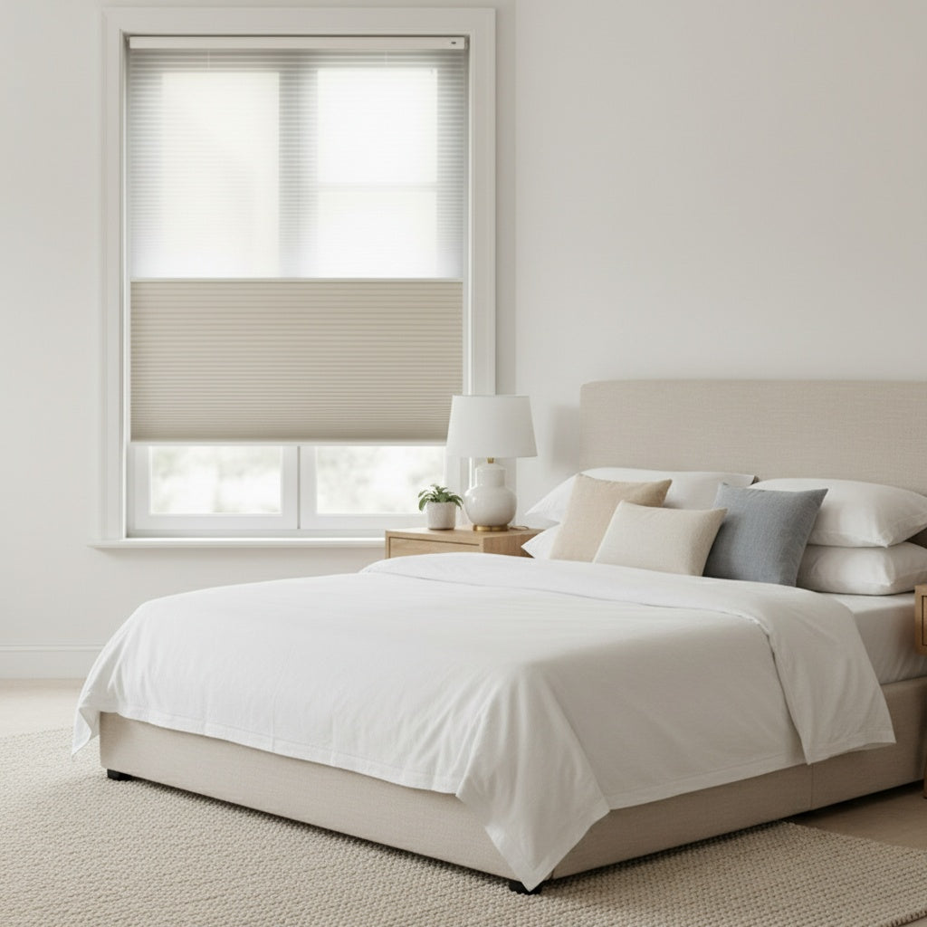 HDJDRAPI  Smart Electric Remote Honeycomb Blinds Double-Fabric Cordless Easy No-Drill Mount