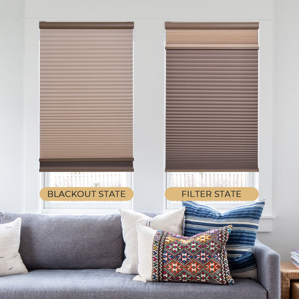 HDJDRAPI Cordless Dual Fabric Honeycomb Shades, Blackout & Light Filtering Window Blinds