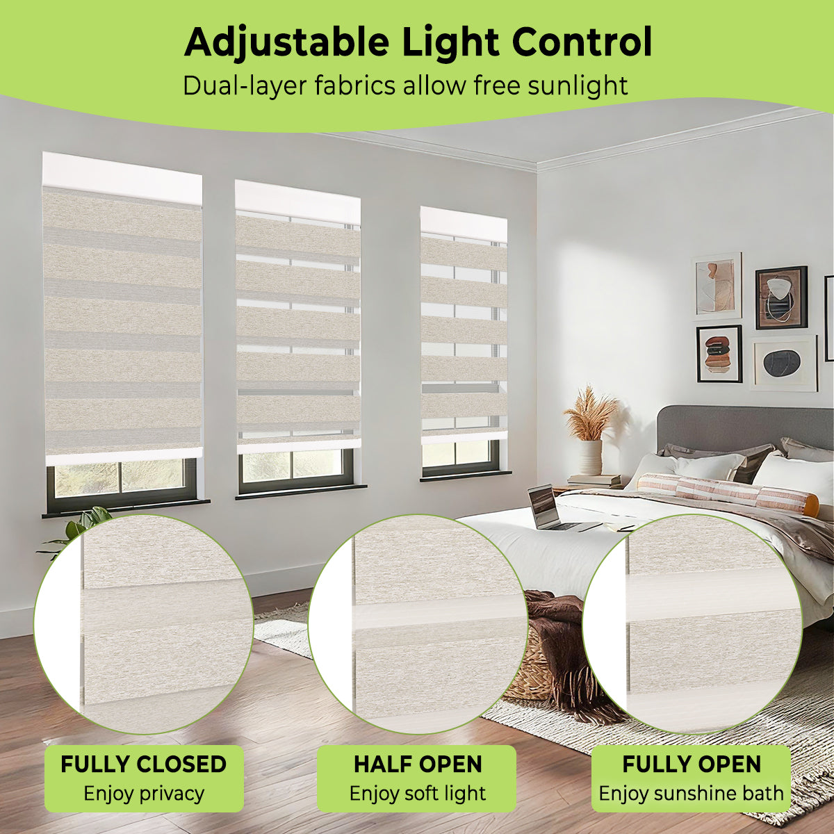 HDJDRAPI Cordless Zebra Shades, Dual Layer Roller Blinds for Privacy & Light Control