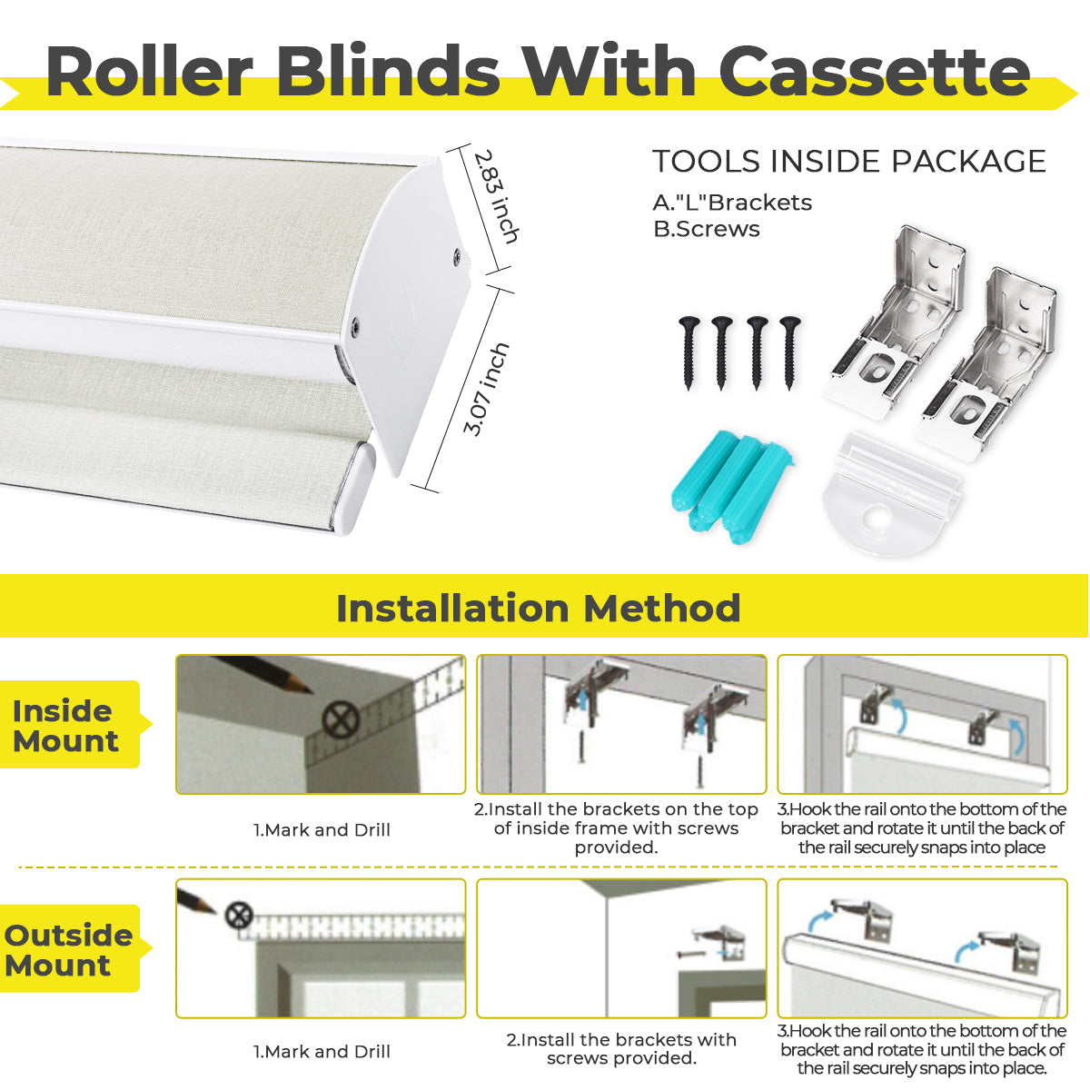 HDJDRAPI Cordless Blackout Roller Blinds with Cassette, Nano-Polymer Fabric, Customizable