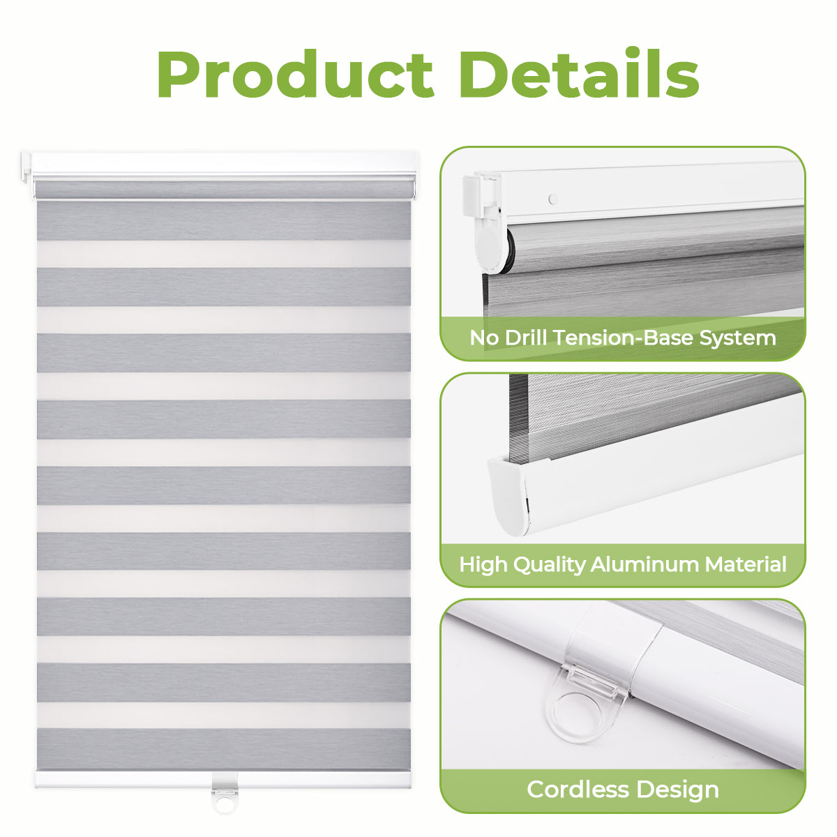 HDJDRAPI No-Drill Custom Zebra Blinds – Cordless, Dual-Layer, 80% Blackout Roller Shades