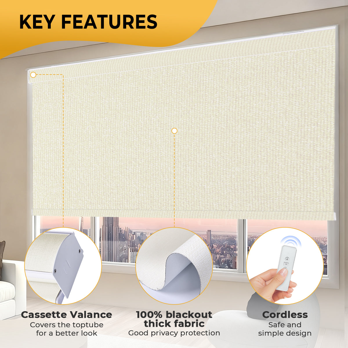 HDJDrapi - Cordless Smart Electric Roller Blinds with Remote, Blackout Window Shades